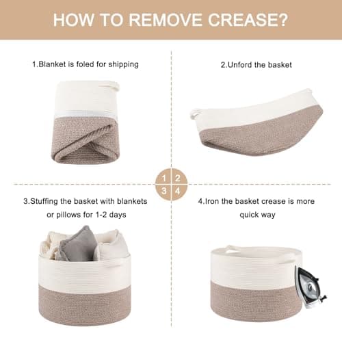 OIAHOMY 90L XXXLarge Blanket Basket for Living Room, 21.7" x 13.8" Woven Cotton Rope Laundry Basket for Organizing Pillows, Decorative Stuffed Animal Toy Storage for Nursery, White and Light Grey - Thumbnail 6