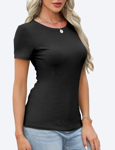GKBK Womens Short Sleeve Tops Crew Neck Ribbed Slim Fitted Tight Layering Top Basic Tee Shirts Cute Summer Tops Casual Spring Outfits 2026 Trendy Black - Thumbnail 2