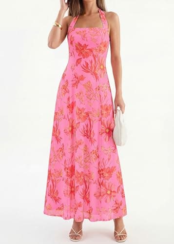KIRUNDO Women Halter Floral Maxi Dress 2026 Summer Wedding Guest Cocktail Party Sleeveless A Line Beach Vacation Sundress(Pink, XX-Large) - Thumbnail 5