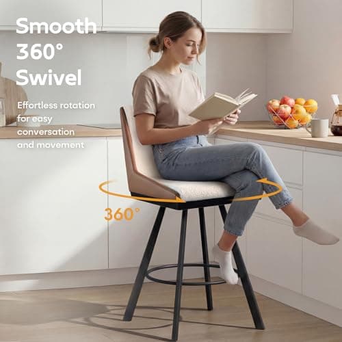 Ollega Bar Stools Set of 4, 26" Counter Height Bar Stools, Upholstered Swivel Barstools with Backs, Loop Yarn Fabric&Pu Leather, Metal Legs for Kitchen Island, Beige&Brown - Thumbnail 6