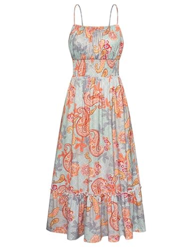GRACE KARIN Summer Dresses for Women 2026 Vacation,Smocked Floral Maxi Dresses,Boho Beach Long Sundress Blue Paisley Floral L - Image 1