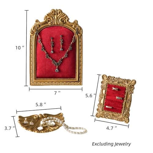 Aboacent 3-Piece Jewelry Display Stand, Velvet Necklace Display Set, Ring Holder Dish, Vintage, Earring Organizer, Baroque Trinket Storage Dish for Women Gifts, Necklace Jewelry Stand for Selling - Thumbnail 4