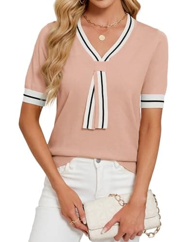 Libsorge Womens Lightweight Cute Bow Tie Sweater Spring Summer 2026 Trendy Dressy Business Casual Outfits Sexy V Neck Thin Short Sleeve Color Block Striped T Shirt Tops Light Pink L - Image 1