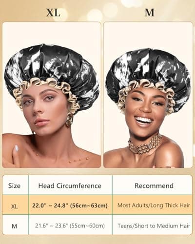mikimini Large Shower Cap for Women Men Reusable Waterproof, Double Layer Adjustable Hair Cap with Elastic Band for Long Hair & Braids - Classic Elegant Black and White Design - Thumbnail 2