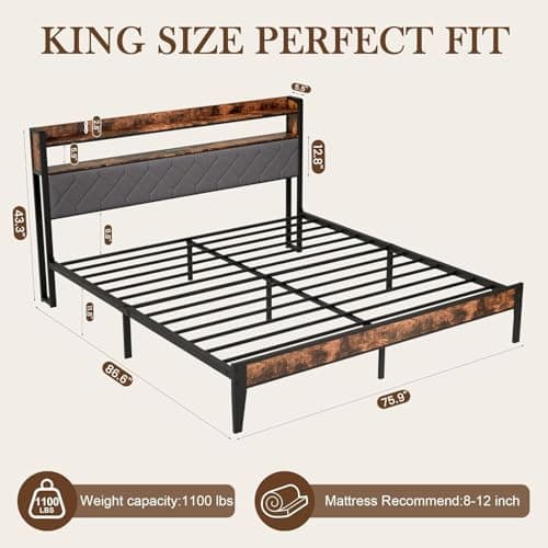 BOVONO King Size Bed Frame with Charging Station, King Bed Frame with Upholstered Headboard, Metal Platform Bed with 2-Tier Open Shelves, Large Under Bed Storage, Non-Slip Without Noise, Grey - Thumbnail 2
