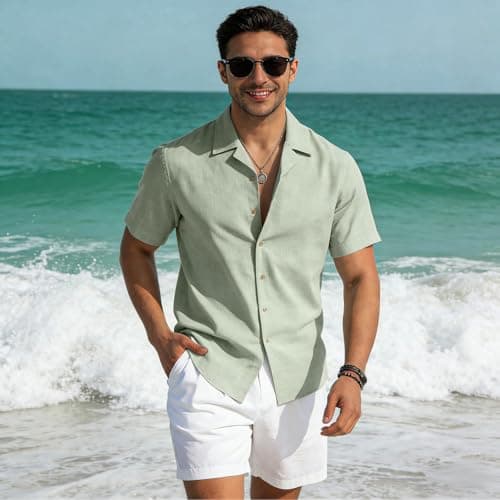 Tmeefee Linen Shirts for Men Casual Short Sleeve Button Down Shirt Cool Summer Beach Wedding Vacation Tops Green - Thumbnail 2