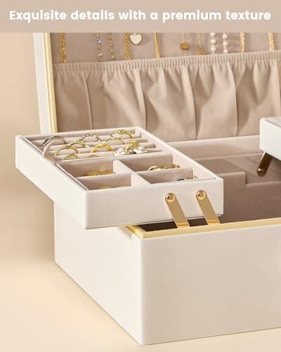 Lolalet Jewelry Box Organizer for Women Girls, 2 Layer Jewelry Organizers and Storage for Necklace Earrings Rings Bracelets, Large Jewellery Holder Case Birthday Gifts -Cream - Thumbnail 6
