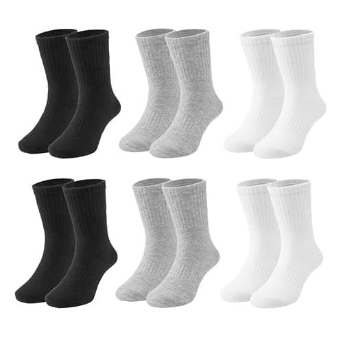 Fiveluck 6 Pairs Boys Athletic Crew Socks, Cotton Basic School Uniform Breathable Casual Sports Socks, White Grey Black, 3-5T - Image 1