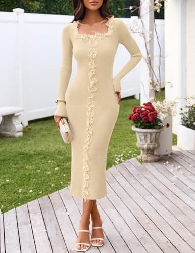 MEROKEETY Women's Fall Long Sleeve Sweater Dress 2025 Bodycon Square Neck Ruffle Ribbed Knit Midi Dresses, Apricot, Large - Thumbnail 2