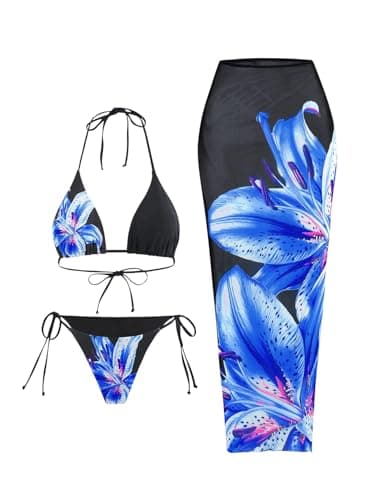 GORGLITTER Women's 3 Piece Bikini Set Floral Print Halter Top Swimsuits String Thong Bathing Suit with Beach Coverups Blue Large - Image 1