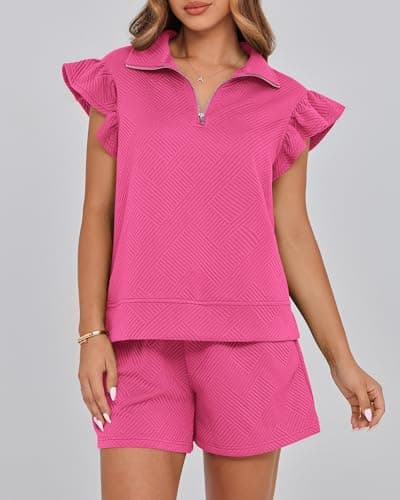 BTFBM Womens 2 Piece Outfits Spring Sweatsuit Zipper V Neck Casual Ruffle Cap Sleeve Tops Drawstring Shorts Lounge Sets(Rose Red, X-Large) - Thumbnail 2