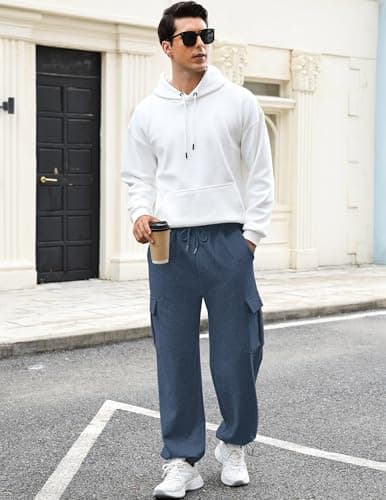 3rd hill Men's Fleece Cargo Sweatpants Loose Fit Cotton Joggers with 5 Pockets Open Bottom for Gym Hiking Casual Wear Navy Blue S - Thumbnail 3