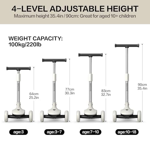 BEIESTATE 3 Wheel Scooter for Kids Ages 3-18, Up to 220 Lbs, Kids Scooter with Adjustable Lean-To-Steer Switch, Foldable, Lightweight, Wide Anti-Slip Deck, Adjustable Height Handlebar, Light-Up Wheels - Thumbnail 6