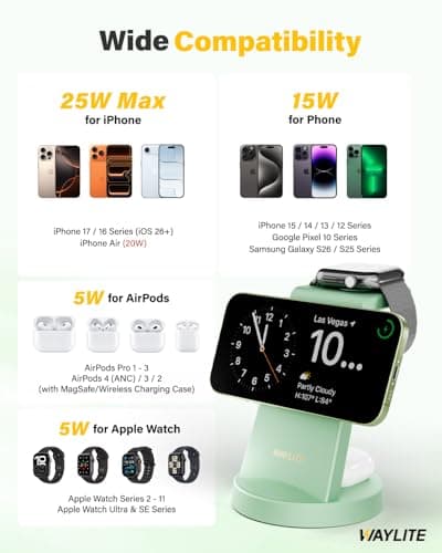 3 in 1 Fast Charging Station for iPhone, 25W Wireless Magnetic Phone Charger for iPhone 17 16e 16 15 14 13 12 Serise, Watch Charger Stand, Wireless Charging Station for AirPods 4 3 Pro, Green - Thumbnail 4
