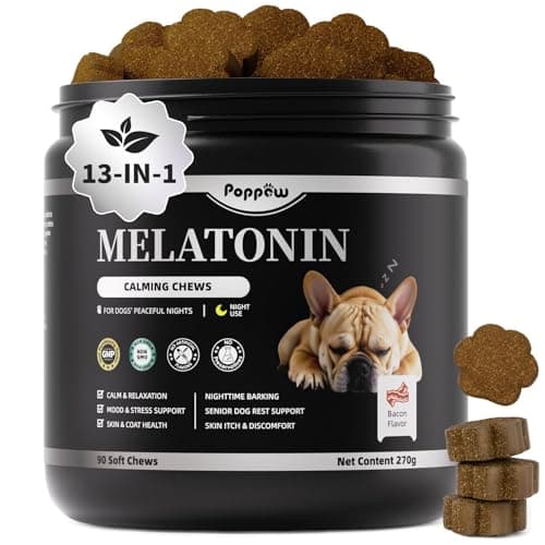 Dog Melatonin Calming Chews for Nighttime Sleep, Natural Relaxation & Stress Support for Dogs & Puppies Calming Treats, Barking, Separation, Anxiety, Fireworks, Upgraded Bacon Flavor, 90Ct