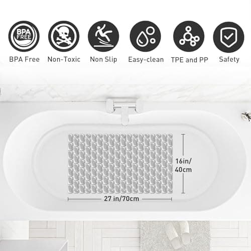 XIYUNTE Shower Mat Non Slip Bath Mat for Tub - 27 X 16 Inch TPE Bathtub Mat Non Slip Shower Mats for Inside Shower, Eco-Friendly Bath Tub Mat with Powerful Suction Cup, Easy to Cut and Dry, Light Grey - Thumbnail 3