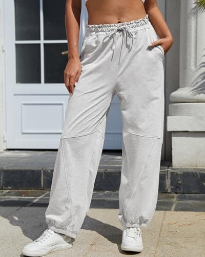 Bsubseach Womens High Waist Barrel Sweatpants Casual Wide Leg Pants Ruffle Elastic Waist Drawstring Palazzo Trousers Grey - Thumbnail 2