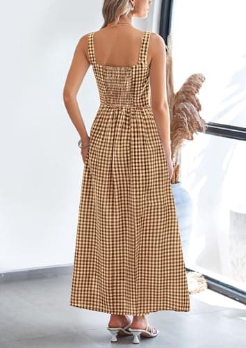 PRETTYGARDEN Women's 2026 Summer Spaghetti Strap Maxi Dresses Plaid Square Neck A Line Casual Beach Vacation Long Sundress (Coffee,Medium) - Thumbnail 2