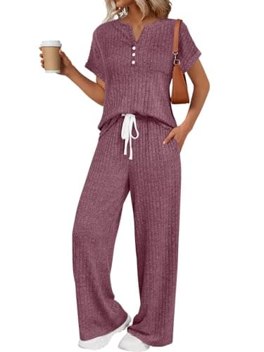 LILLUSORY Women 2 Two Piece Matching Lounge Sets 2026 Spring Summer Beach Vacation Clothes Pajamas Top Wide Leg Pants Sweat Suits Airport Travel Outfits Casual Sweatsuit Fashion Loungewear - Image 1