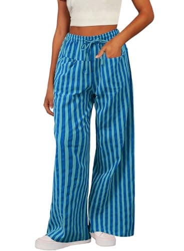 Acelitt Womens Casual Striped Color Block Pants Drawstring Elastic Waist 2026 Winter Fashion Comfy Loose Wide Leg Pants Trousers with Pockets Sky Blue XL