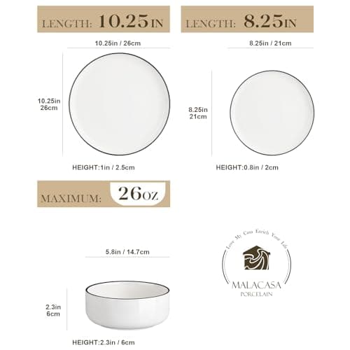 MALACASA Plates and Bowls Sets, 12 Pieces Modern Porcelain Dinnerware Set for 4 White Kitchen Dinner Dining Ware Set wtih Black Rim Ceramic Dishware Dishes Microwave and Dishwasher Safe, Series LUNA - Thumbnail 2