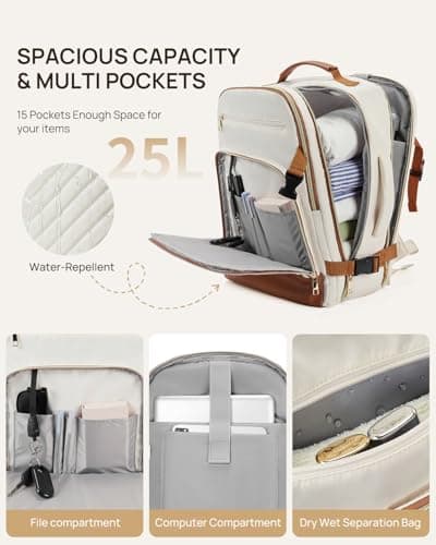 Telena Travel Backpack for Women, 15.6 inch Laptop Backpack TSA Carry on Backpack Personal Item Size Flight Approved Travel Bag Daypack with Multi-Pockets for Work, Travel, Business, Beige-Brown - Thumbnail 5