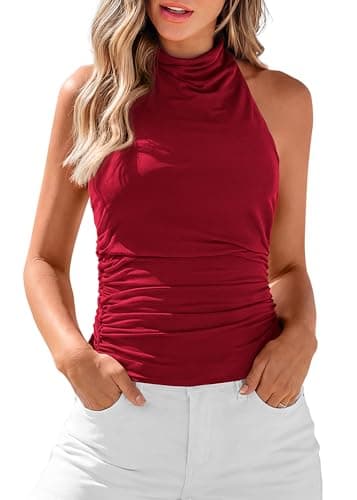 KIRUNDO Tank Tops for Women 2026 Dressy Halter Cowl Neck Backless Summer Clothes Casual Fitted Going Out Mesh Beach Outfits(Red, X-Small) - Image 1