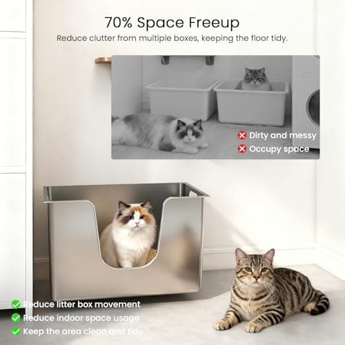 Stainless Steel Cat Litter Box 11.8” High Sides, Large Metal Litter Box with Low Entry for Big Cats, Leak-Proof Pet Toilet Kitty Litter Pan with Wheels for Mobility, Easy to Clean & Non-Stick - Thumbnail 3