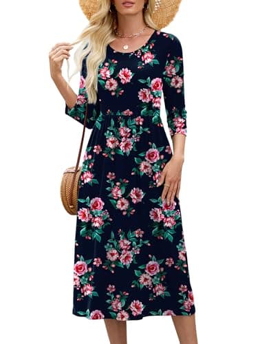 Heymoments Midi Dress for Women Floral XX-Large Crewneck 3/4 Sleeves Wedding Guest A line Casual Flowy Swing Party Vintage Spring Fall Winter Travel 2026 Long Dresses with Pocket - Image 1