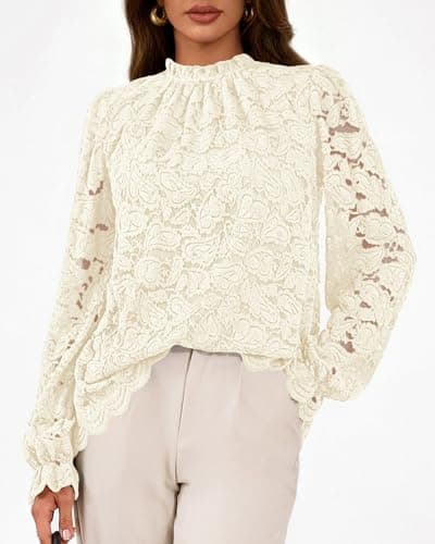 KIRUNDO Lace Tops for Women Dressy Causal 2026 Early Fall Fashion Ruffle Long Sleeve Mock Neck Blouses Shirts(Apricot, XX-Large) - Thumbnail 4