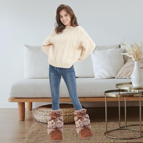 Forfoot House Slippers, Warm Soft Plush Lining Slippers Boots for Women Indoor Anti-Slip Shoes Soft Sole Lace Pom Pom Bedroom Booties Size 9/10 - Thumbnail 2