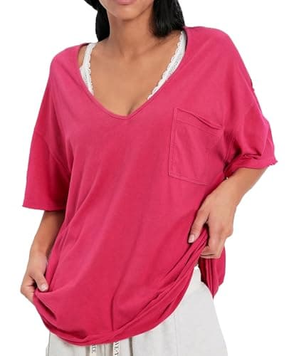 Gnveub V Neck T Shirts for Women Casual Summer Basic Tops Solid Color Loose Fit Outfits with Pocket(Rose Pink,L) - Image 1