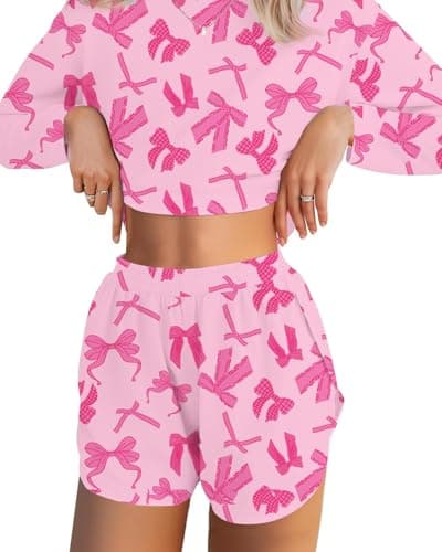 JUSTFASHIONNOW Womens Pajama Sets Long Sleeve Top and Split Shorts Bow Print Two Piece Lounge Set Cozy Loungewear Crew Neck Sleepwear Soft Pjs Fall Winter Cute Outfits (Pink, Small)