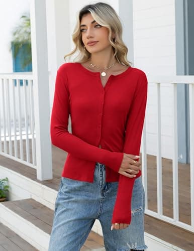 Gleeneat Cardigan Sweaters for Women Long Sleeve Button Down Up Going Out Tops Ribbed Knit Lightweight Cropped Cute Summer Shirts Fall Spring Cardigans 2026 Trendy Fashion Clothing Clothes Outfits - Thumbnail 4