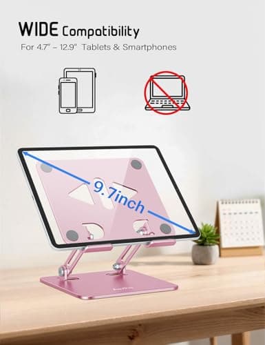 Aoviho Tablet Stand Holder for Desk, Adjustable Aluminum Desk Accessories, Stable Desktop Stand for Office Home,Compatible with iPad Pro Air Mini, Samsung Tablets, Rose Gold - Thumbnail 3