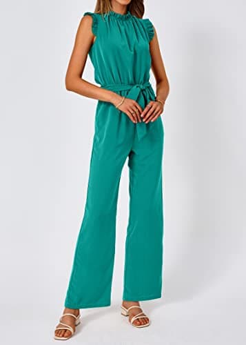 KIRUNDO Jumpsuits For Women Dressy Summer One Piece Sleeveless Ruffle Mock Neck Belt Pockets Formal Wide Leg Pants Romper(Lake Blue, XX-Large) - Thumbnail 3