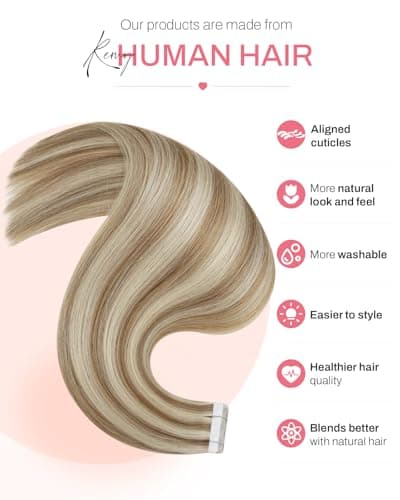 Moresoo Tape in Human Hair Extensions 20 Inch Highlighted Hair Extensions Tape in Light Brown Highlighted with Blonde Glue in Extensions Invisible Glue in Extensions Real Hair #P9A/60 20pcs 50g - Thumbnail 3