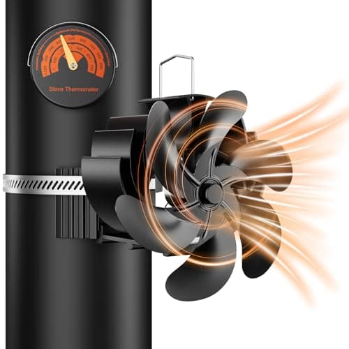 ZDAXOAH Wood Stove Fan, 6 Blades Heat Powered Fireplace Fan with Magnetic Thermometer, Upgrade Chimney-Bundled Type Fireplace Fan, Silent Fans for Log Burner Metal Wood Stove Pipe - Image 1