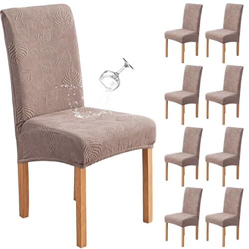 Genina Waterproof Dining Chair Covers Set of 8,Stretch Dining Room Chair Slipcovers with Leaf Jacquard,Removable Kitchen Chair Protector for Home,Restaurant,Banquet-Taupe
