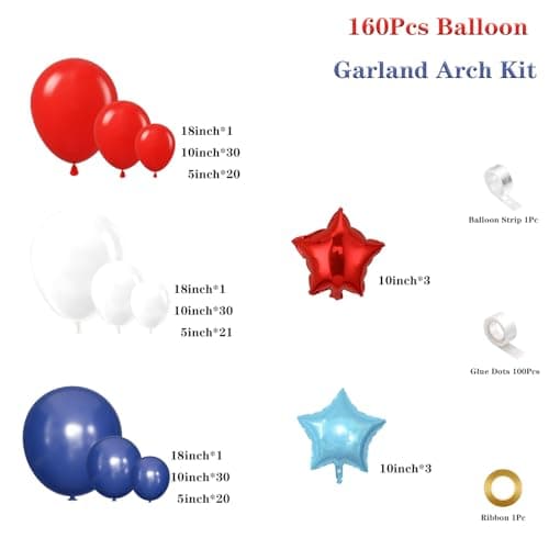 Red White Blue Balloon Garland Arch Kit 160Pcs Red White Blue Latex Balloons with Star Foil Balloons for 4th of July Nautical Patriotic Baseball Birthday Party Decorations - Thumbnail 2