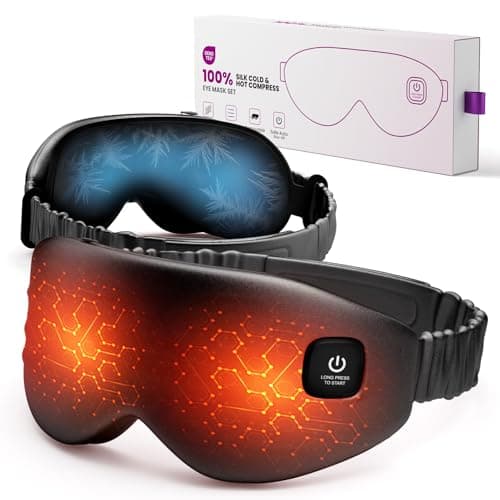 100% Silk Wireless Heated Eye Mask with Cooling, Relieves Dry Eye Syndrome and Puffy, Reduces Dark Circles, Adjustable Velcro Design and Washable Cover, Suitable for Travel & Gifts-Black.