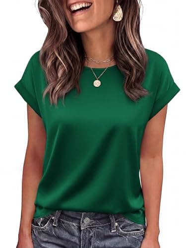 BTFBM Summer Tops for Women 2026 Dressy Satin Blouses Loose Crew Neck Short Sleeve Shirts Work Business Casual Outfits(Green, XX-Large) - Image 1