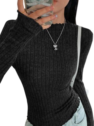 PRETTYGARDEN Womens Tops Dressy Casual Lettuce Trim Mock Neck Knitted Sweaters Long Sleeve Slim Fit Fall Layer Outfits (Black, Small) - Image 1