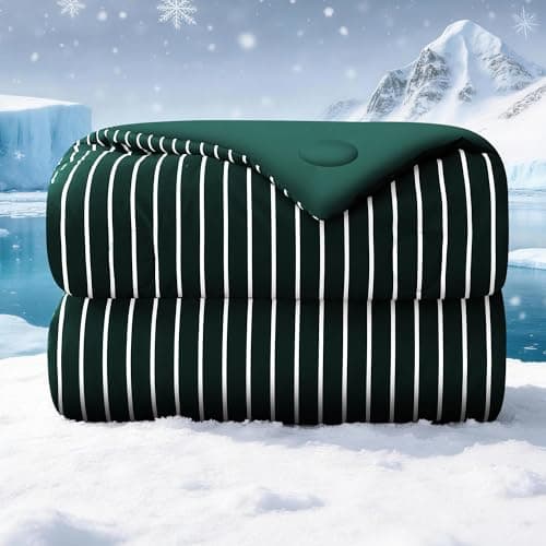 bedsmile Pinstripe Cooling Comforter Twin Size, Q-Max 0.45 Reversible Striped Cooling Blanket for Hot Sleepers, Breathable Lightweight Silk Smooth Summer Bedding, Quilted Ice Blanket, Emerald Green - Image 1
