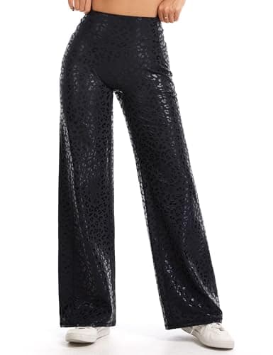 THE GYM PEOPLE Women's Booty Lifting Wide Leg Yoga Pants High Waist No Front Seam Straight Workout Leggings with Pockets Black Leopard - Image 1