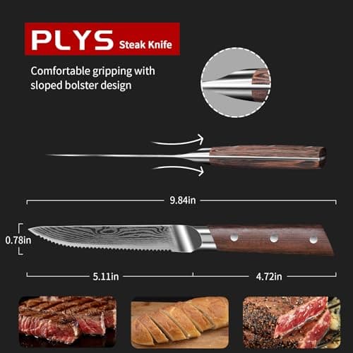 Plys Steak Knives Set of 6 Japanese: Serrated Knife Stainless Steel Steak Knife Set for Kitchen Dishwasher Safe Full Tang Design with Gift Box for Mother and Father - Thumbnail 6
