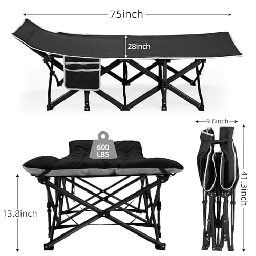 Fragess Portable Camping Cot, Sleeping Cots for Adults, 28" Extra Wide Heavy Duty Folding Cot Max Load 600LBS with Thick Mattress, Portable Camping Bed for Outdoor Camp/Office, Home Nap (Black) - Thumbnail 5