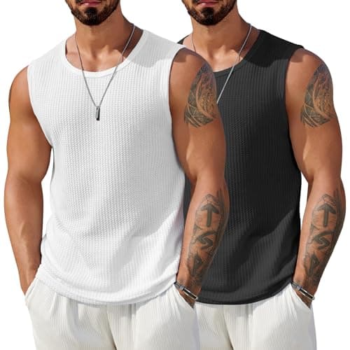 COOFANDY Men's Black Tank Top 2 Pack Casual Sleeveless Knit Shirts Summer Waffle Soild Muscle Tanks White XL - Image 1