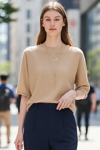 Orolay Short Sleeve Sweater for Women Lightweight Loose Fit Boat Neck Knit Pullover Top Dolman Sleeve Trendy Tops for Spring Summer 2026 Khaki - Thumbnail 3