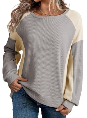 Dokotoo Fall Outfits for Women 2024 Casual Oversized Waffle Knit Sweaters Color Block Crew Neck Sweatshirt Loose Soft Uneven Hem Long Sleeve Pullover Sweatshirts Tops Fashion Clothes Grey X-Large - Image 1